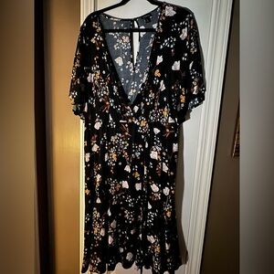 Black Floral V-Neck Faux Wrap Women’s Dress